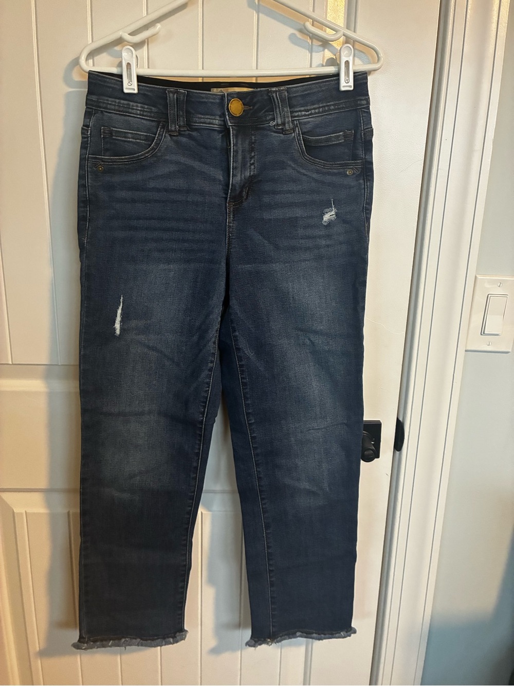 Democracy Dark Blue Cropped Distressed Ankle Jeans